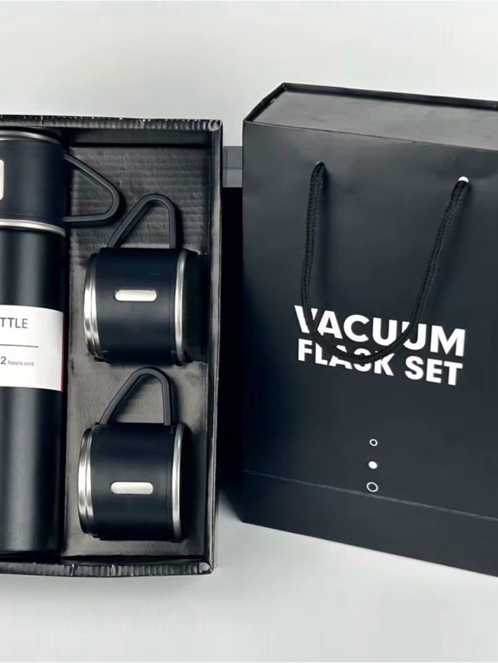 Vacuum Flask Set - Black Stainless Travel Bottle with Cups